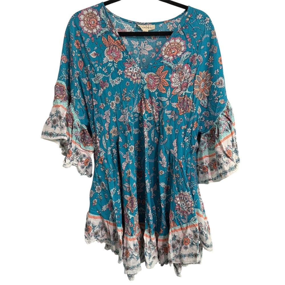 Aveology Size 18 Teal Boho Floral Asymmetrical Top Flowy Bell Sleeve Blouse